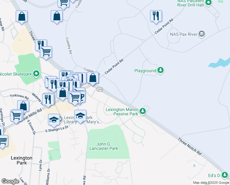 map of restaurants, bars, coffee shops, grocery stores, and more near 21748 Three Notch Road in Lexington Park