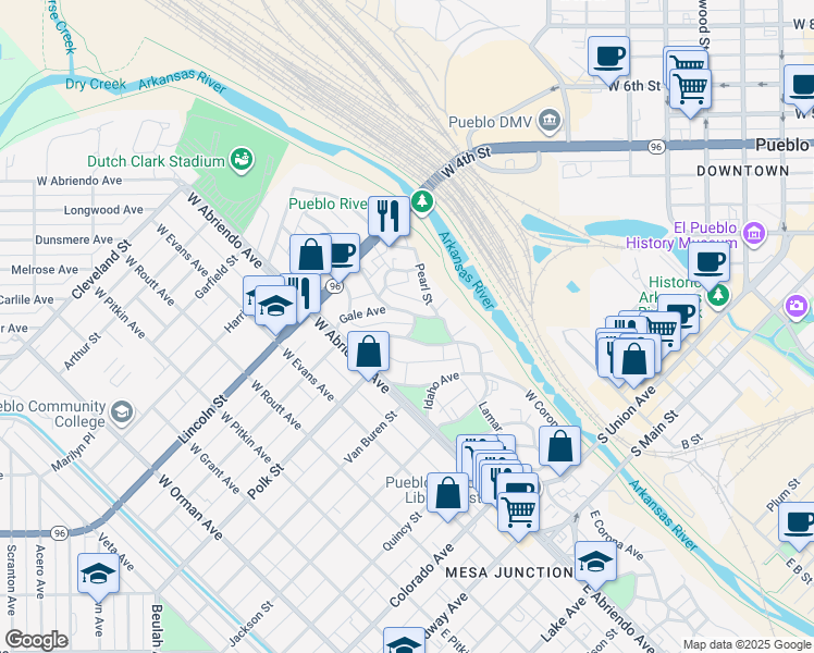 map of restaurants, bars, coffee shops, grocery stores, and more near 151 Harvard Avenue in Pueblo