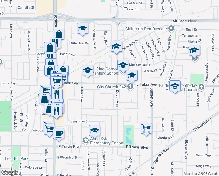 map of restaurants, bars, coffee shops, grocery stores, and more near 9 East Tabor Avenue in Fairfield
