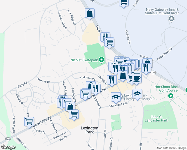map of restaurants, bars, coffee shops, grocery stores, and more near 46655 Midway Drive in Lexington Park