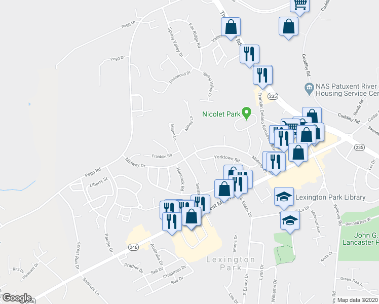 map of restaurants, bars, coffee shops, grocery stores, and more near 46540 Midway Drive in Lexington Park
