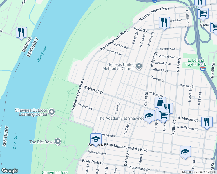 map of restaurants, bars, coffee shops, grocery stores, and more near 115 South 45th Street in Louisville