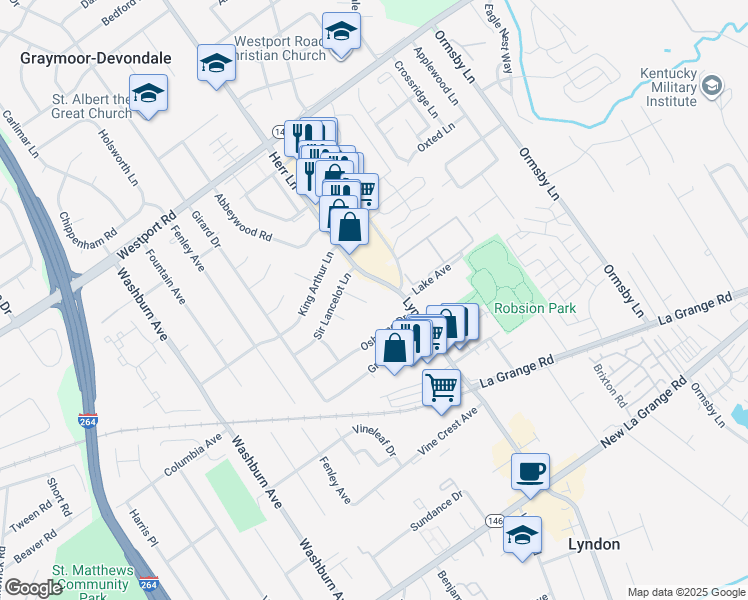 map of restaurants, bars, coffee shops, grocery stores, and more near 7611 Lancelot Court in Louisville