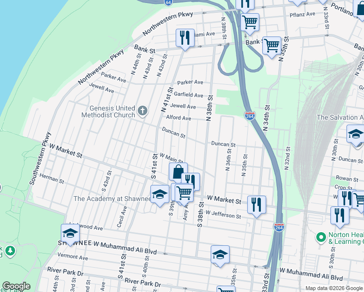map of restaurants, bars, coffee shops, grocery stores, and more near 124 North 39th Street in Louisville