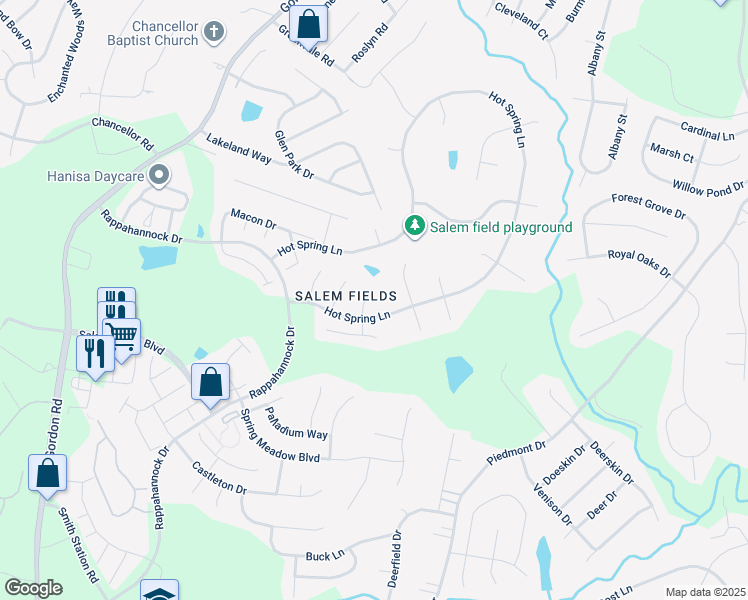 map of restaurants, bars, coffee shops, grocery stores, and more near 11205 North Dewey Court in Fredericksburg