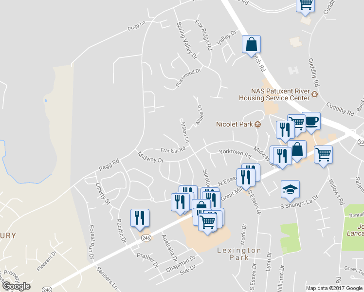map of restaurants, bars, coffee shops, grocery stores, and more near 46494 Franklin Road in Lexington Park