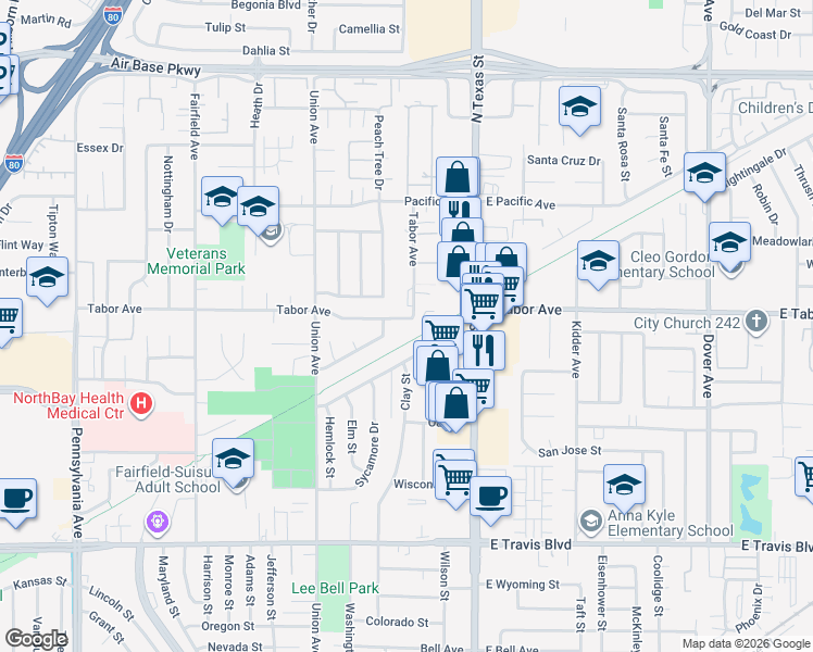 map of restaurants, bars, coffee shops, grocery stores, and more near 455 Tabor Avenue in Fairfield