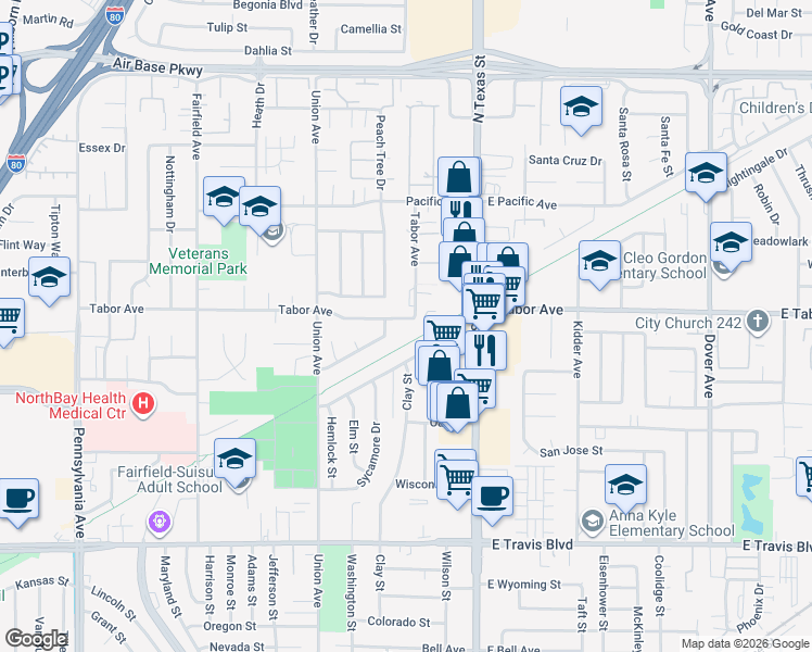 map of restaurants, bars, coffee shops, grocery stores, and more near 455 Tabor Avenue in Fairfield