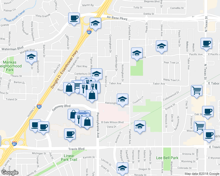 map of restaurants, bars, coffee shops, grocery stores, and more near 1967 London Lane in Fairfield