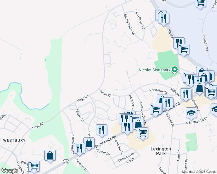 map of restaurants, bars, coffee shops, grocery stores, and more near 21925 Weeping Willow Lane in Lexington Park