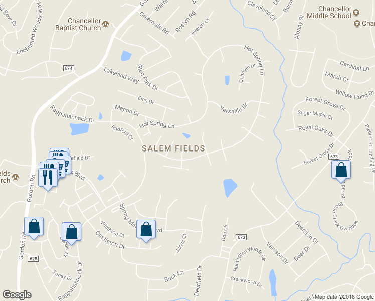 map of restaurants, bars, coffee shops, grocery stores, and more near 11205 North Dewey Court in Fredericksburg