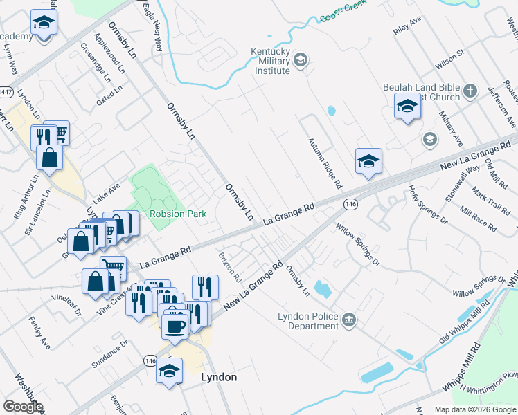 map of restaurants, bars, coffee shops, grocery stores, and more near 1208 Witawanga Avenue in Louisville