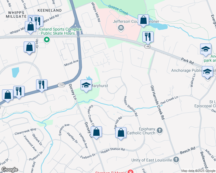 map of restaurants, bars, coffee shops, grocery stores, and more near 1496 Sable Wing Circle in Louisville