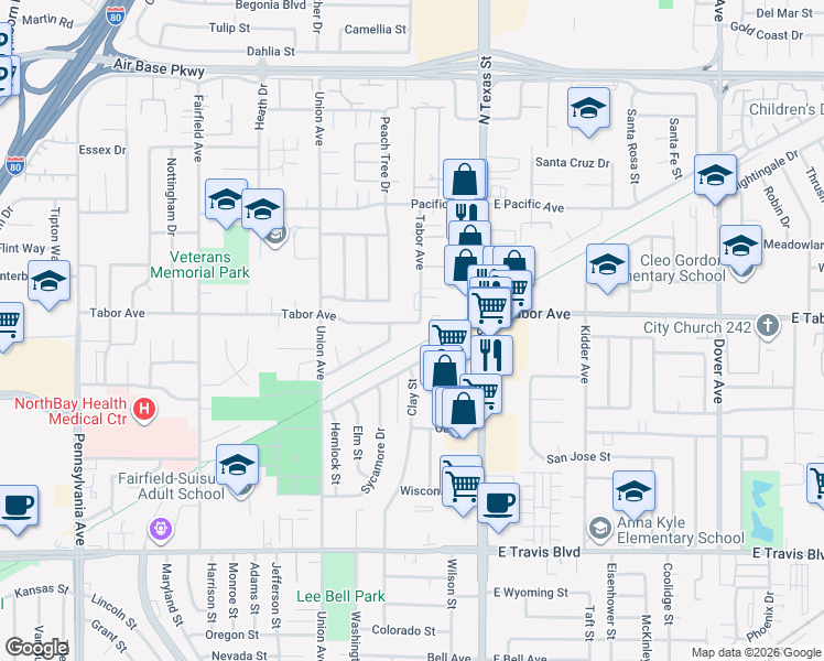 map of restaurants, bars, coffee shops, grocery stores, and more near 455 Tabor Avenue in Fairfield