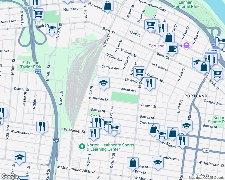 map of restaurants, bars, coffee shops, grocery stores, and more near 2732 Alford Avenue in Louisville