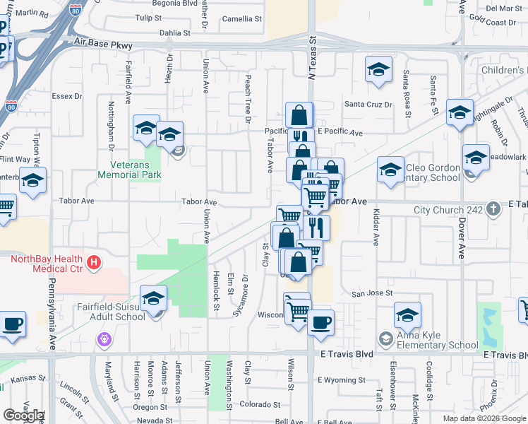 map of restaurants, bars, coffee shops, grocery stores, and more near 455 Tabor Avenue in Fairfield