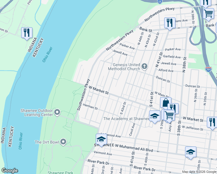 map of restaurants, bars, coffee shops, grocery stores, and more near 128 South Shawnee Terrace in Louisville
