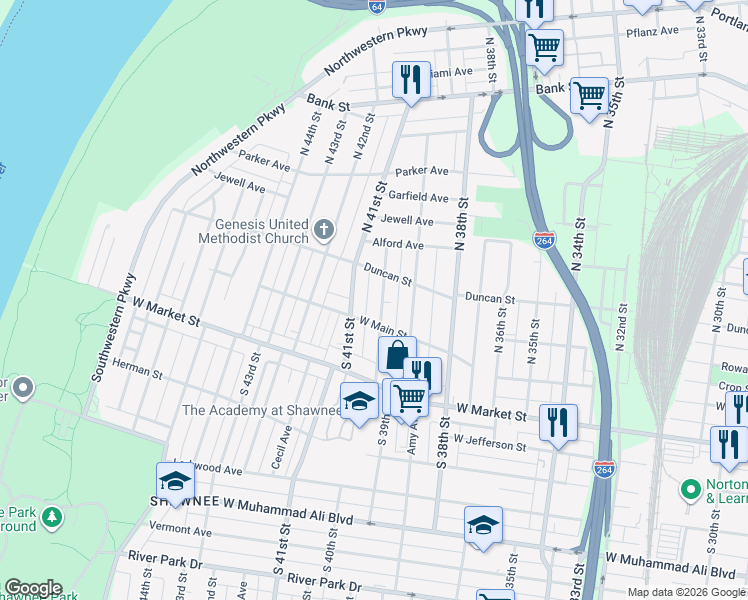 map of restaurants, bars, coffee shops, grocery stores, and more near 120 North 40th Street in Louisville