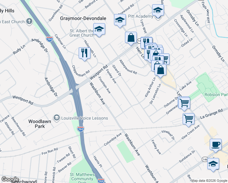 map of restaurants, bars, coffee shops, grocery stores, and more near 831 Fountain Avenue in Louisville
