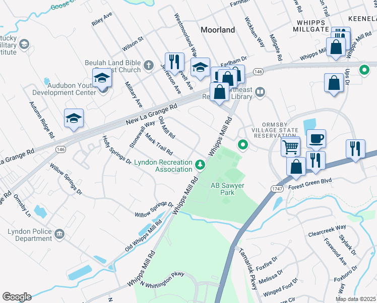 map of restaurants, bars, coffee shops, grocery stores, and more near 1300 Old Mill Road in Louisville