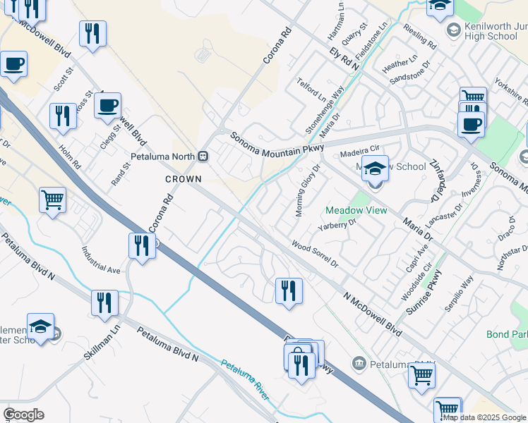map of restaurants, bars, coffee shops, grocery stores, and more near 952 Hogwarts Circle in Petaluma