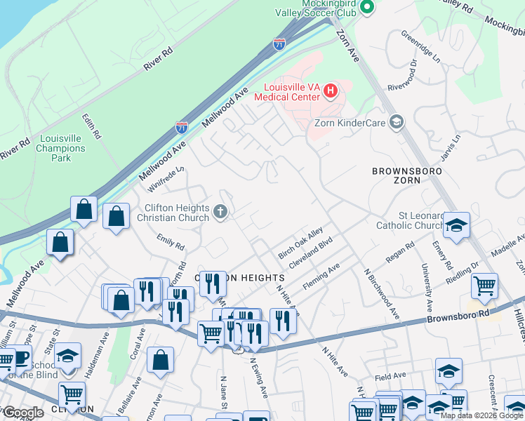 map of restaurants, bars, coffee shops, grocery stores, and more near 2842 Bexley Court in Louisville