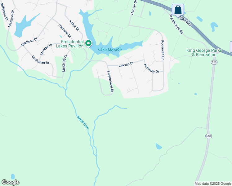 map of restaurants, bars, coffee shops, grocery stores, and more near 10515 Eisenhower Drive in King George