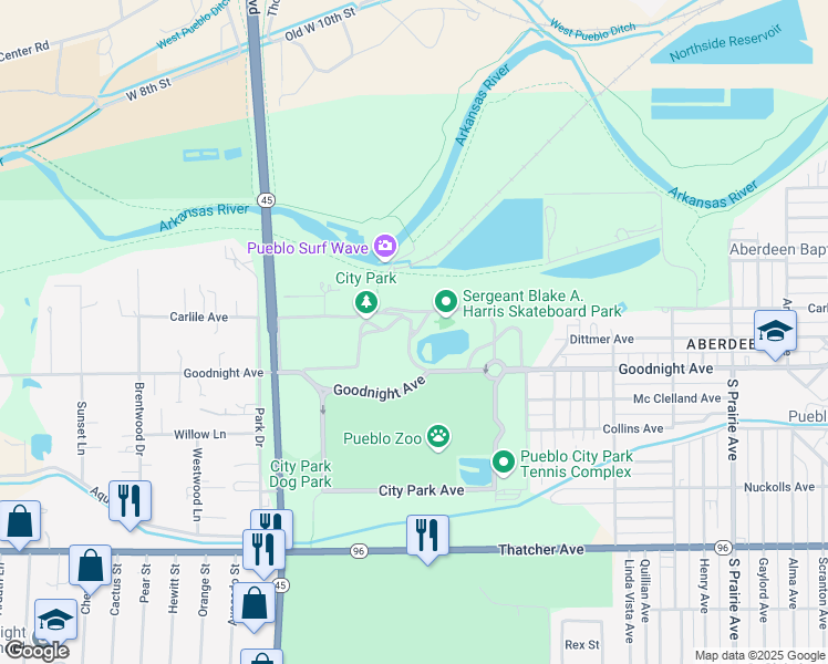 map of restaurants, bars, coffee shops, grocery stores, and more near City Park Avenue in Pueblo