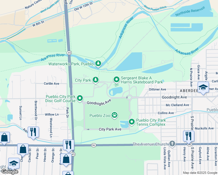 map of restaurants, bars, coffee shops, grocery stores, and more near City Park Avenue in Pueblo