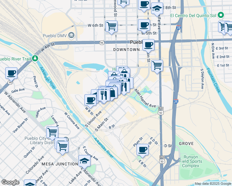 map of restaurants, bars, coffee shops, grocery stores, and more near 111 S Union Ave in Pueblo