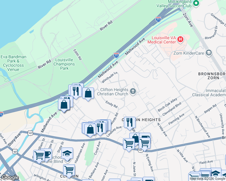 map of restaurants, bars, coffee shops, grocery stores, and more near 61 Winifrede Lane in Louisville