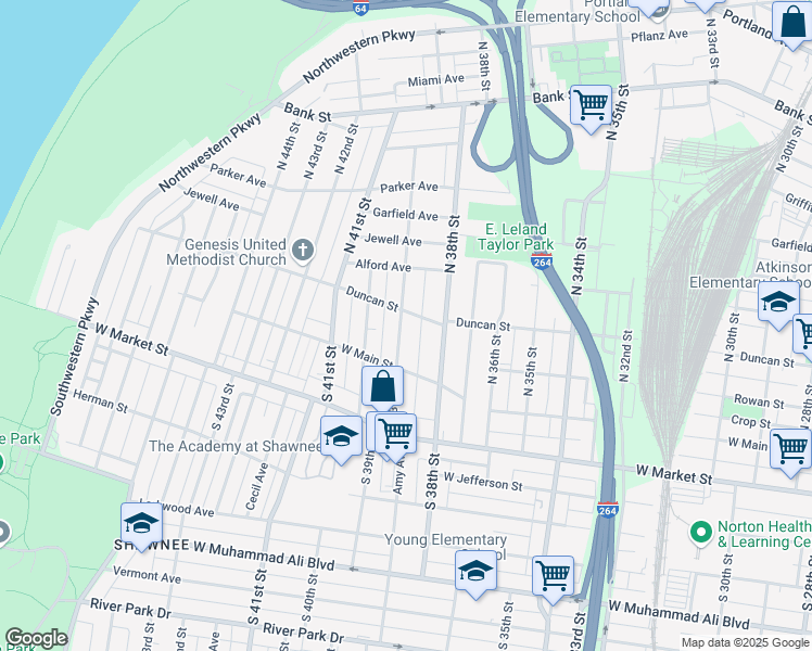 map of restaurants, bars, coffee shops, grocery stores, and more near 131 North 39th Street in Louisville