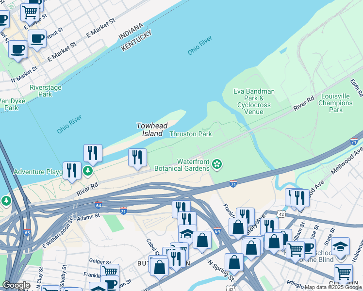 map of restaurants, bars, coffee shops, grocery stores, and more near 1515 River Road in Louisville