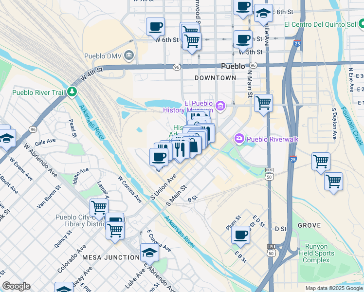 map of restaurants, bars, coffee shops, grocery stores, and more near South Victoria Avenue in Pueblo