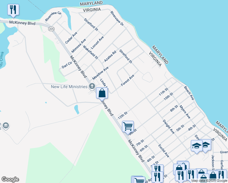 map of restaurants, bars, coffee shops, grocery stores, and more near 210 Forest Avenue in Colonial Beach