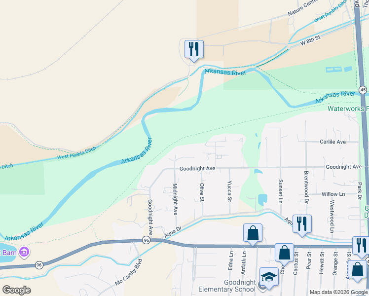 map of restaurants, bars, coffee shops, grocery stores, and more near 110 Midnight Avenue in Pueblo