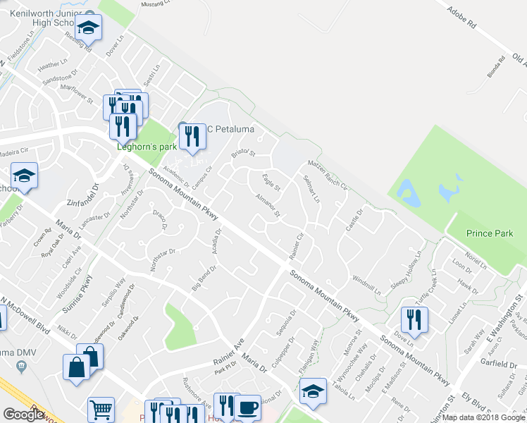 map of restaurants, bars, coffee shops, grocery stores, and more near 1761 Brompton Street in Petaluma