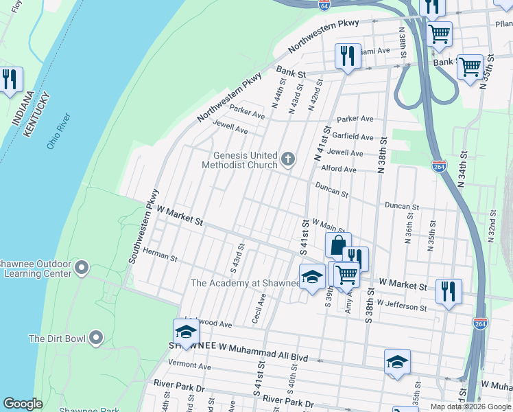 map of restaurants, bars, coffee shops, grocery stores, and more near 107 South 44th Street in Louisville