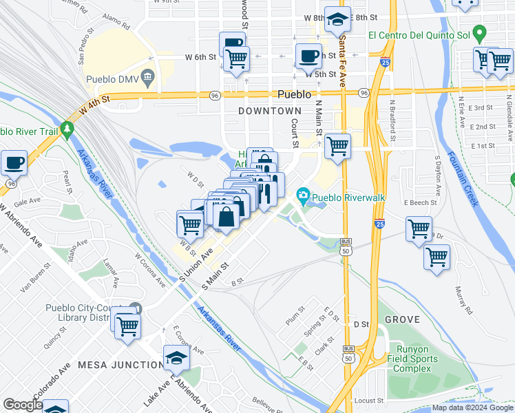 map of restaurants, bars, coffee shops, grocery stores, and more near 111 South Union Avenue in Pueblo