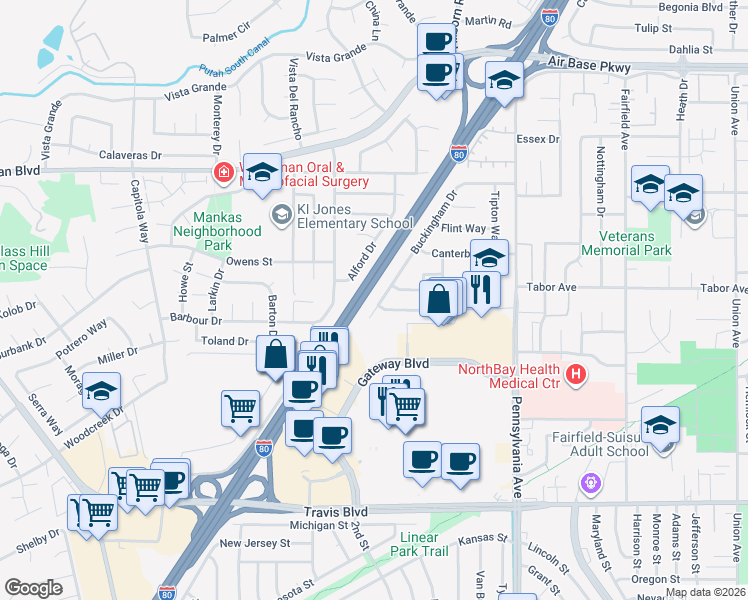 map of restaurants, bars, coffee shops, grocery stores, and more near 1900 Buckingham Drive in Fairfield