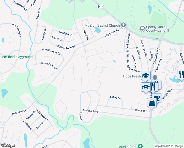 map of restaurants, bars, coffee shops, grocery stores, and more near 6121 Sunny Meadows Drive in Fredericksburg