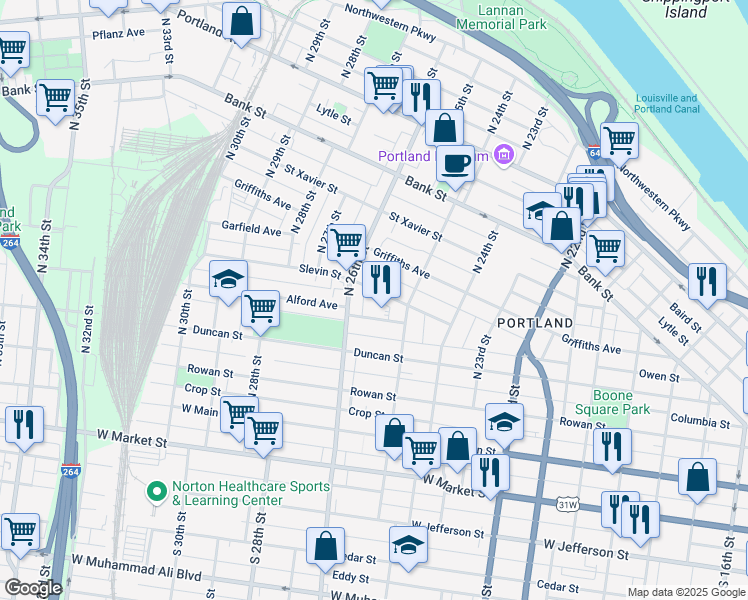 map of restaurants, bars, coffee shops, grocery stores, and more near 343 North 26th Street in Louisville