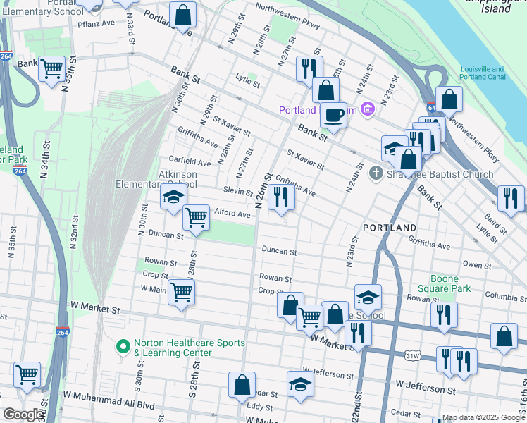 map of restaurants, bars, coffee shops, grocery stores, and more near 343 North 26th Street in Louisville