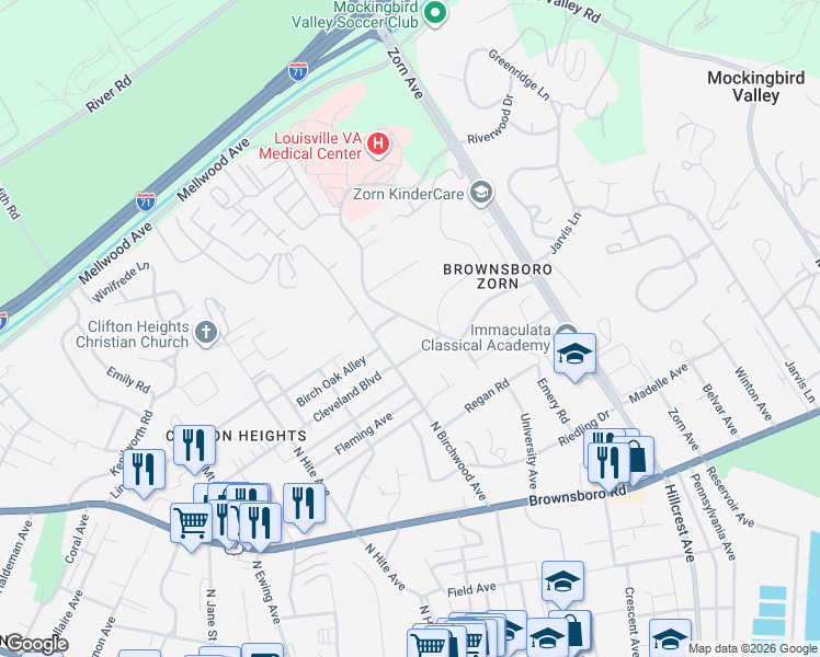 map of restaurants, bars, coffee shops, grocery stores, and more near 2935 Cleveland Boulevard in Louisville