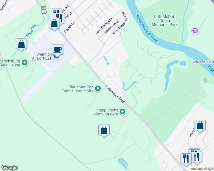 map of restaurants, bars, coffee shops, grocery stores, and more near 11213 Tidewater Trail in Fredericksburg