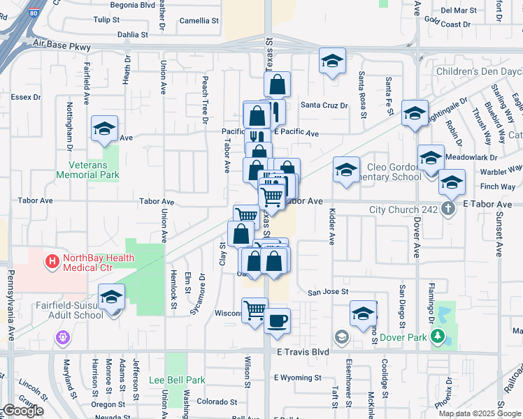 map of restaurants, bars, coffee shops, grocery stores, and more near 1980 North Texas Street in Fairfield