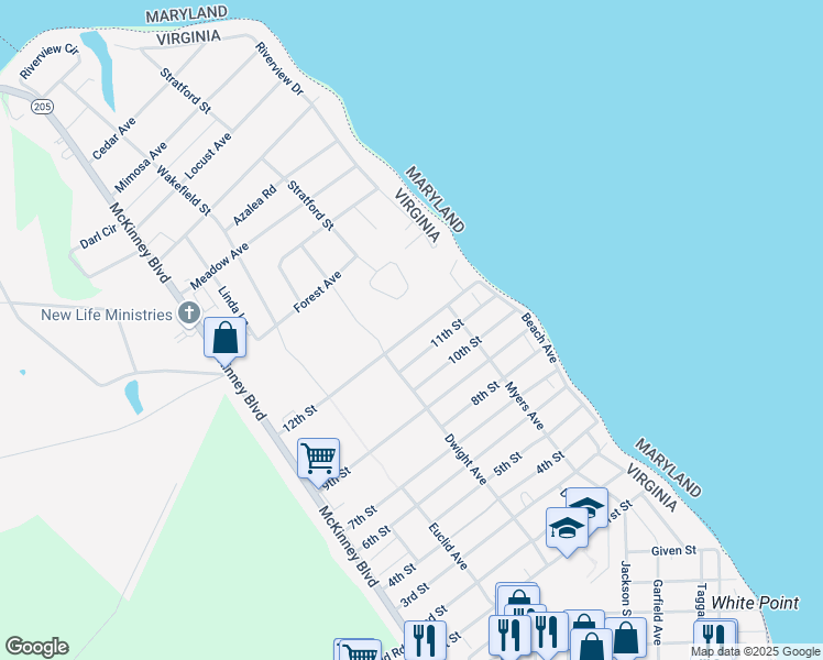 map of restaurants, bars, coffee shops, grocery stores, and more near 138 12th Street in Colonial Beach