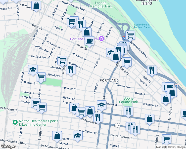 map of restaurants, bars, coffee shops, grocery stores, and more near 2328 Griffiths Avenue in Louisville