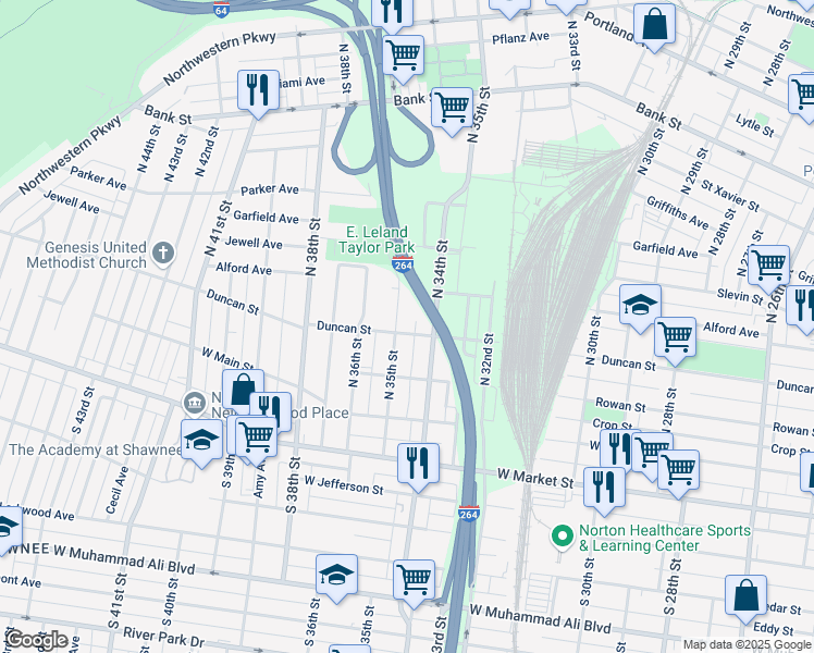 map of restaurants, bars, coffee shops, grocery stores, and more near 3421 Duncan Street in Louisville