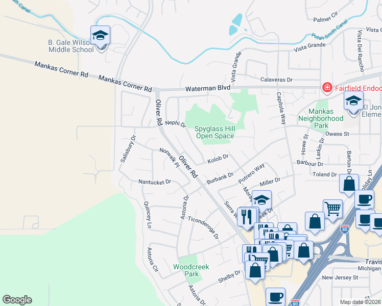 map of restaurants, bars, coffee shops, grocery stores, and more near 1781 Nephi Drive in Fairfield